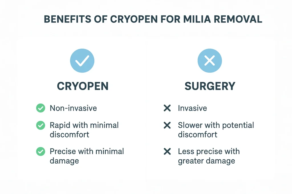 Benefits of cryopen for milia removal Huntingdon compared to surgical treatments.