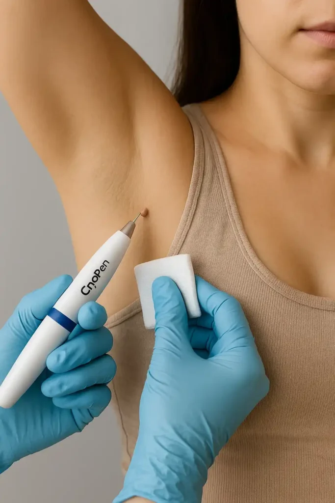 woman having cryopen to remove underarm skin tags Huntingdon