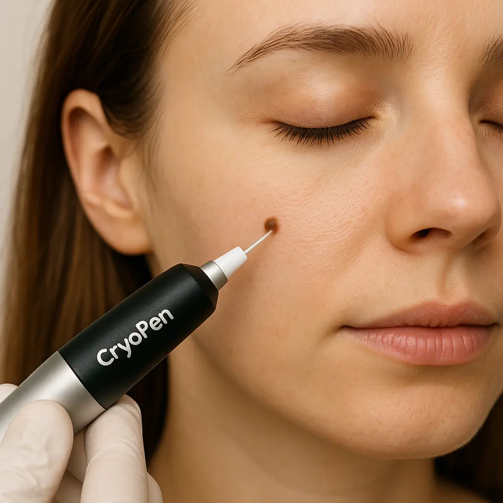 woman receiving facial mole removal Huntingdon using cryopen 