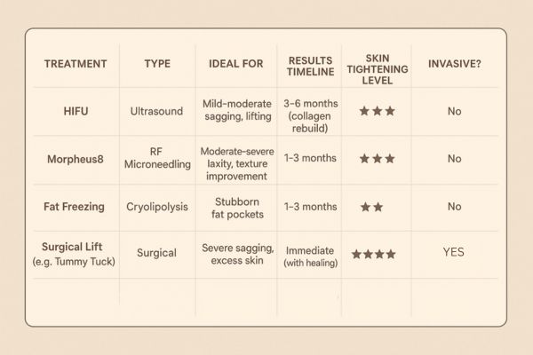 Table showing the comparisons of Skin tightening Huntingdon treatment options.